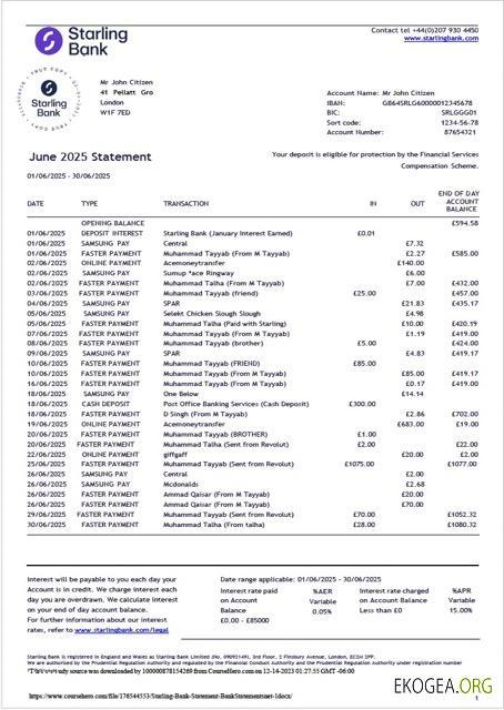 Modèle Word et PDF de relevé de la Starling Bank britannique